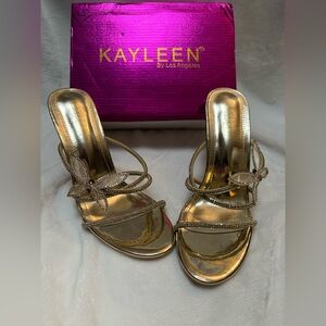 DDK Nico 25 Gold Butterfly Heels Women's Size 8.5 Open Toe New With Tags NIB